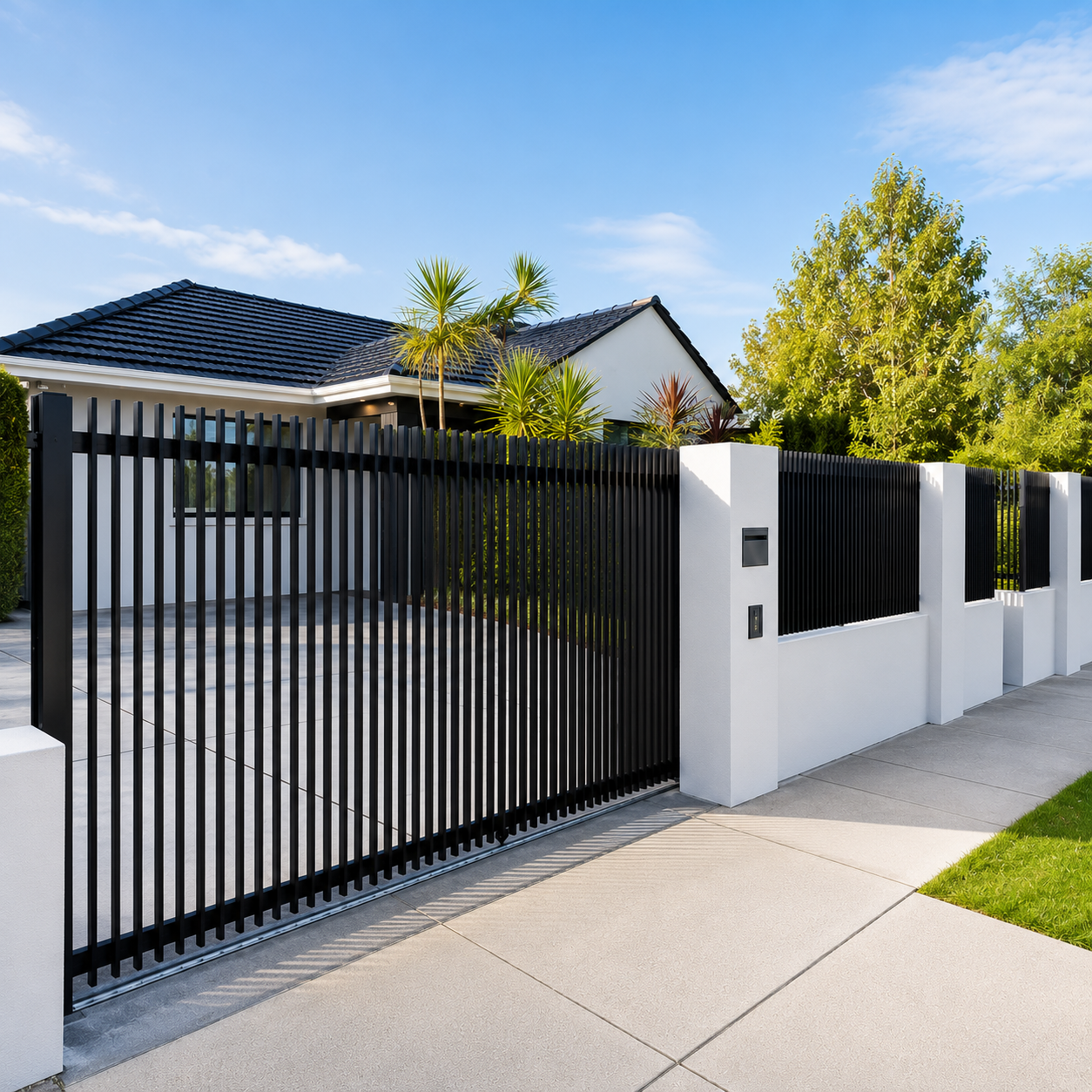 Modern house with black metal gate, white fence, and landscaped garden with palm trees and green bushes under a blue sky.