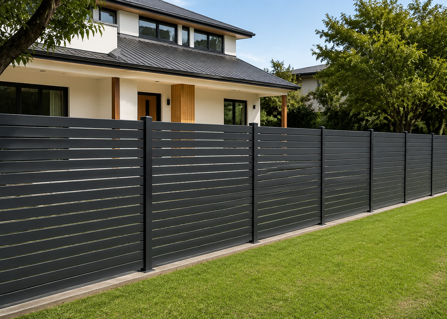 Modern house with a black metal fence, green lawn, and trees in the yard.