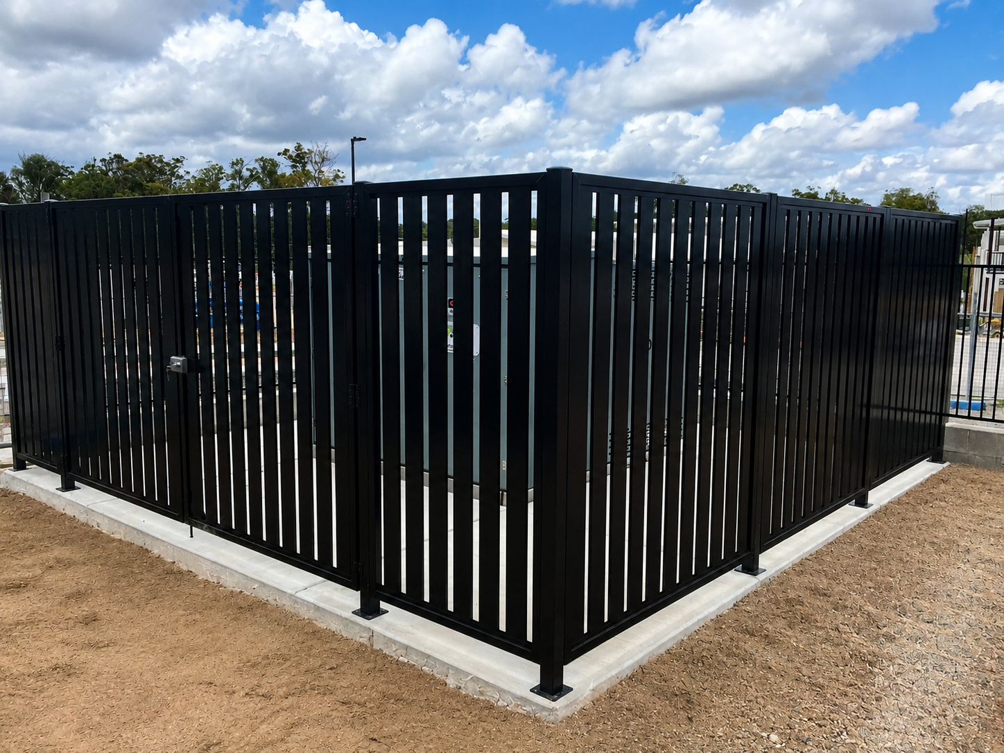 Black metal fence enclosure with a gate, surrounding an outdoor trash or recycling station on a concrete pad, under a partly cloudy sky.