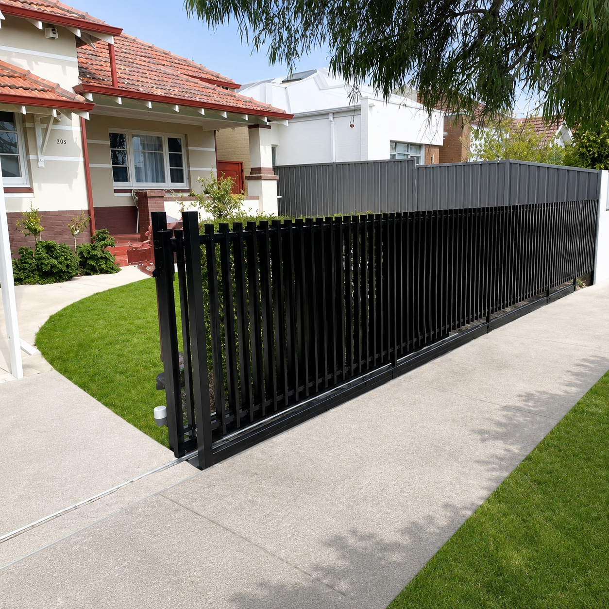 Black batten front gate - manufactured and installed by Swift Powdercoating & Fencing Brisbane