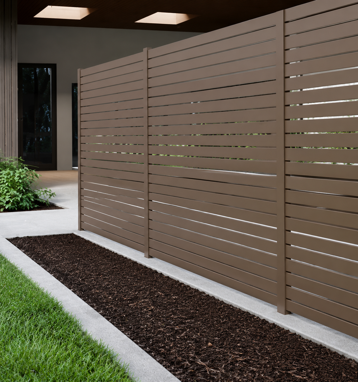 A modern outdoor space featuring a brown horizontal slat privacy fence.