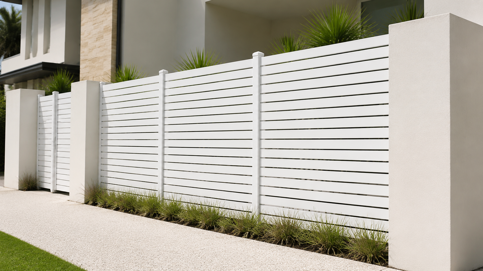Modern white horizontal slatted fence with planter boxes at the base and a residential building in the background.