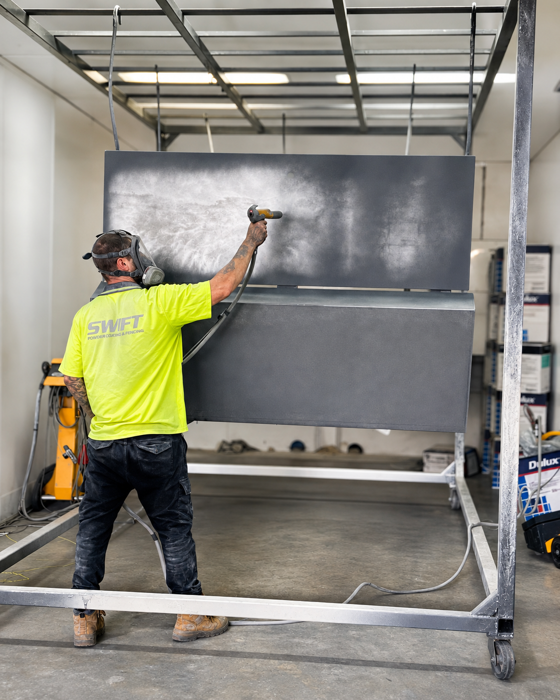 Powder Coating paint or finish a black metal structure in an industrial setting.
