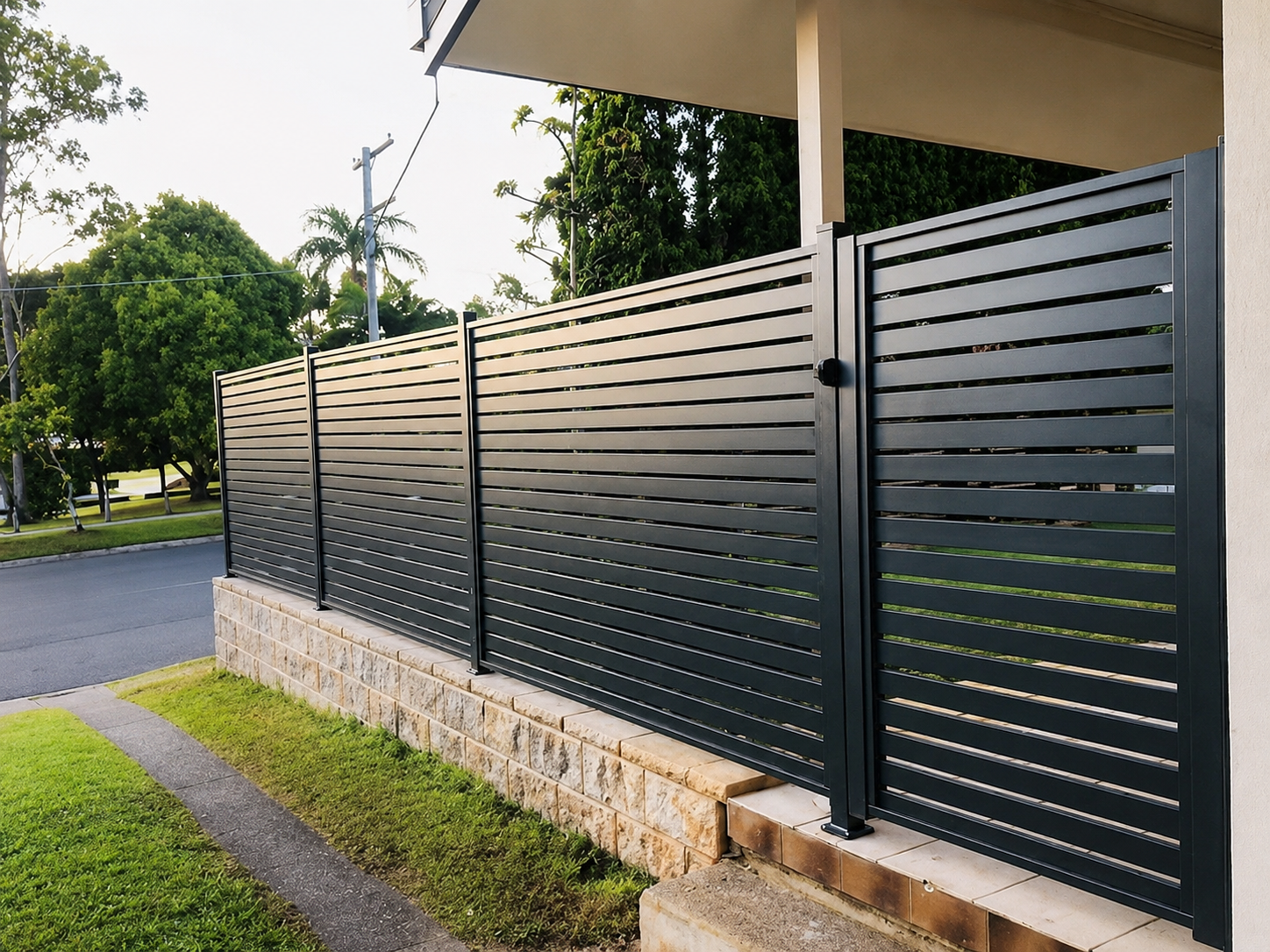 black slat front fence manufactured by Swift Powdercoating and Fencing Brisbane