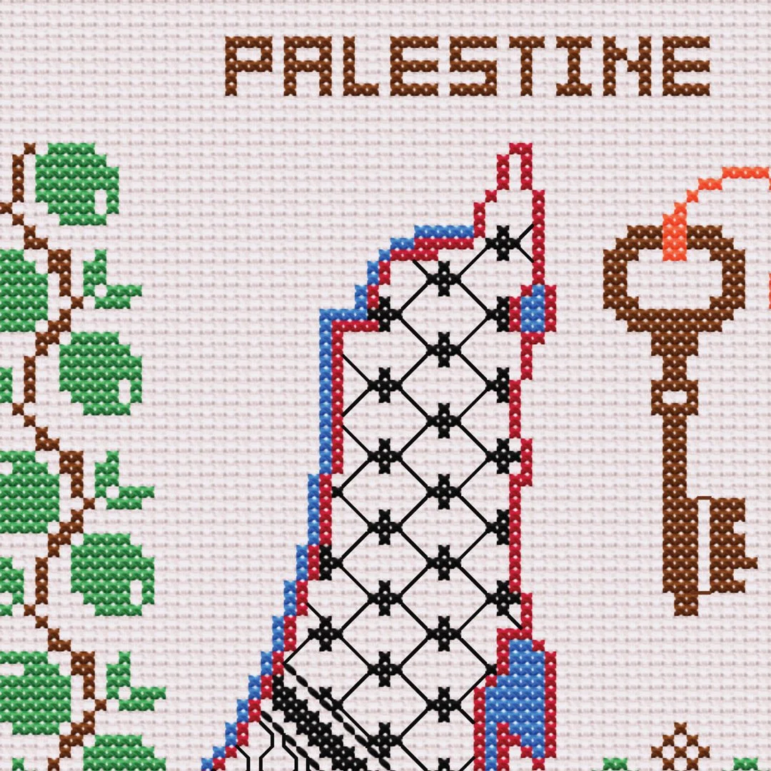 Tatreez Map of Palestine with Olives and Key Motif Pattern