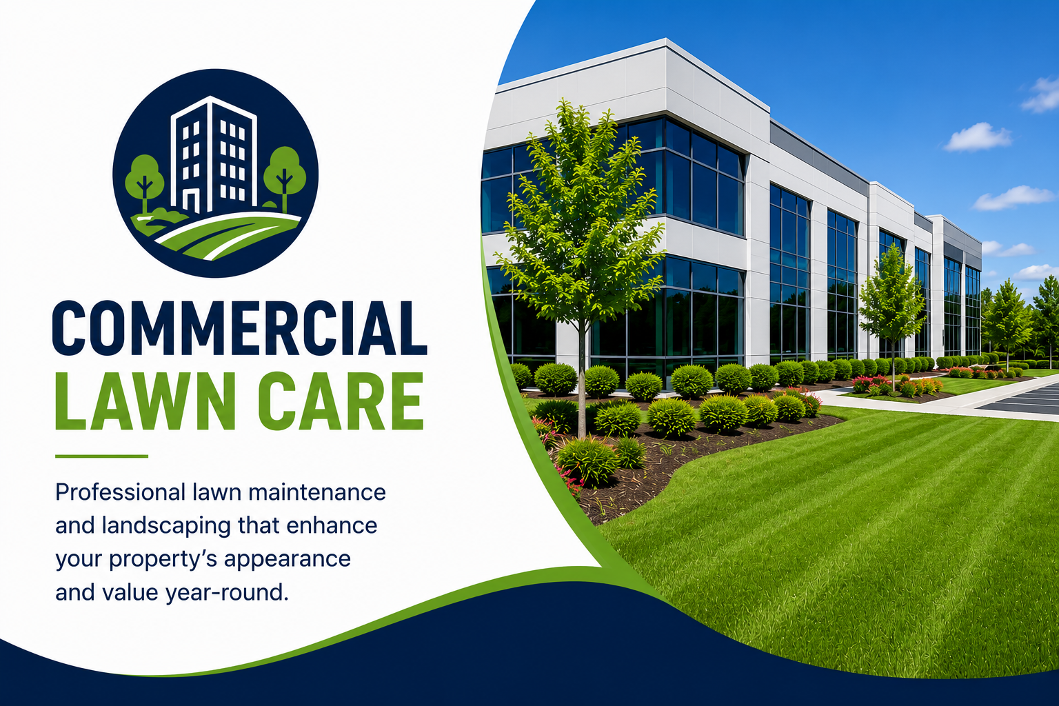 A digital advertisement for commercial lawn care services featuring a corporate building with landscaped green lawn and bushes, and a logo with a building and trees.