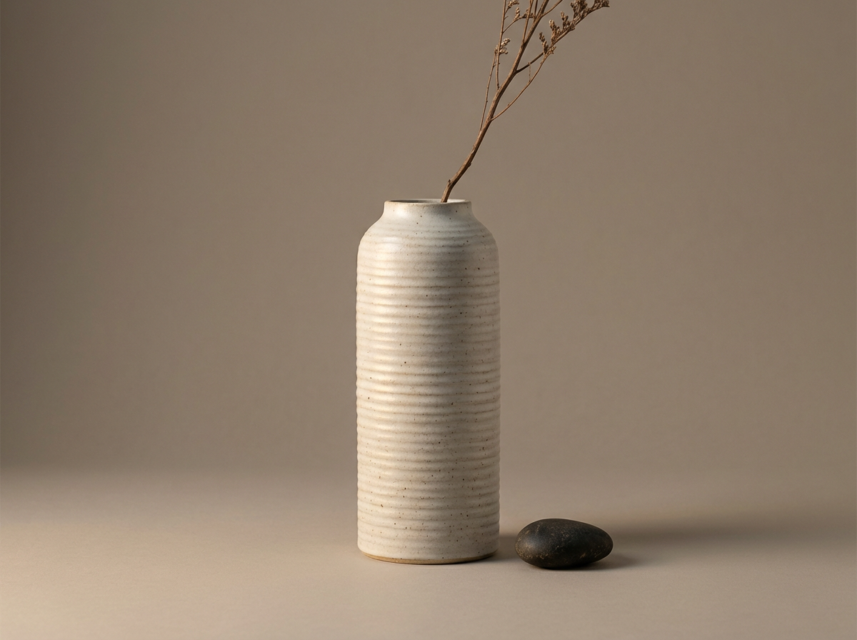 A tall, white, textured ceramic vase with horizontal ridges, holding a dried branch. A smooth black stone is placed on the surface next to the vase, set against a plain, neutral background.