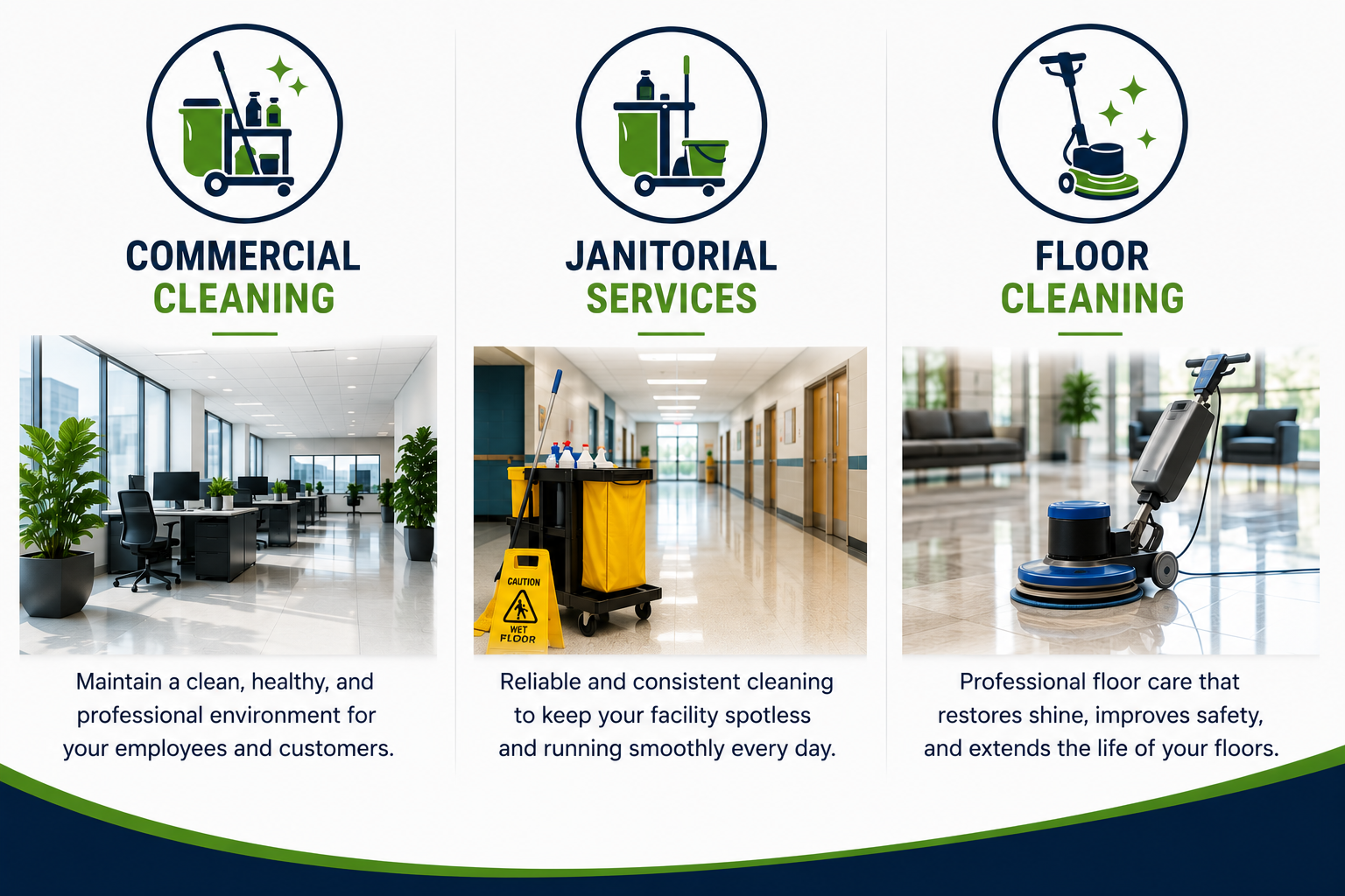 A business infographic highlighting three cleaning services: commercial cleaning with an office space image, janitorial services with a cleaning cart in a hallway, and floor cleaning with a floor polishing machine in a lobby. Each section includes a brief description of the service.