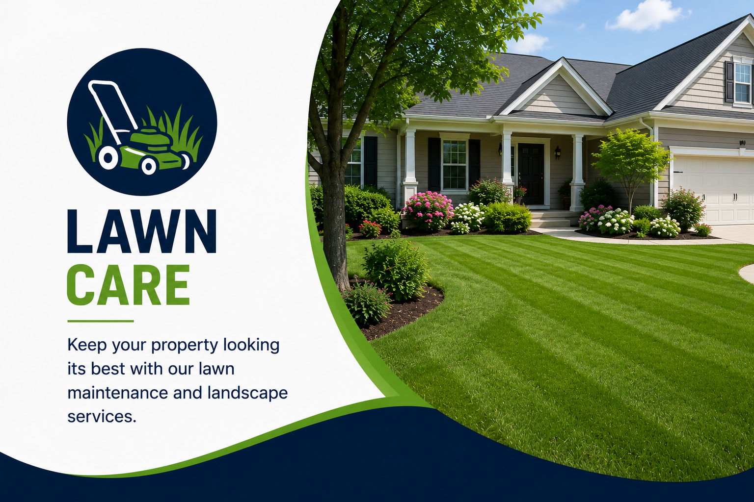 A professionally landscaped front yard of a suburban house with a neatly trimmed lawn, colorful flowers, and trees, alongside a promotional flyer for lawn care services.