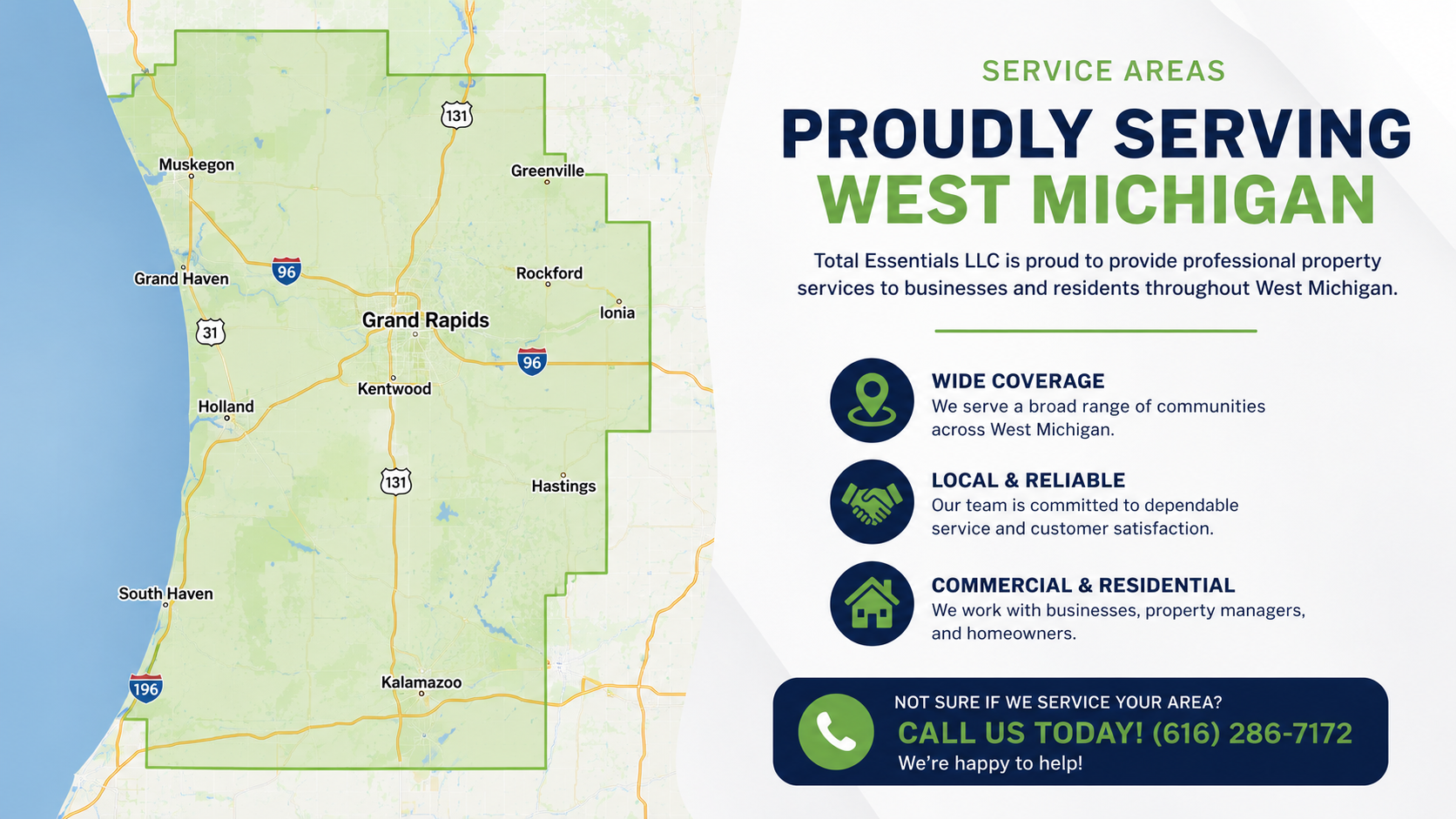 Map of West Michigan showing cities such as Grand Rapids, Muskegon, Holland, Kalamazoo, South Haven, and North as part of service coverage for Total Essentials LLC, with service area outlined in green. Text next to the map indicates the company's focus on serving West Michigan communities.