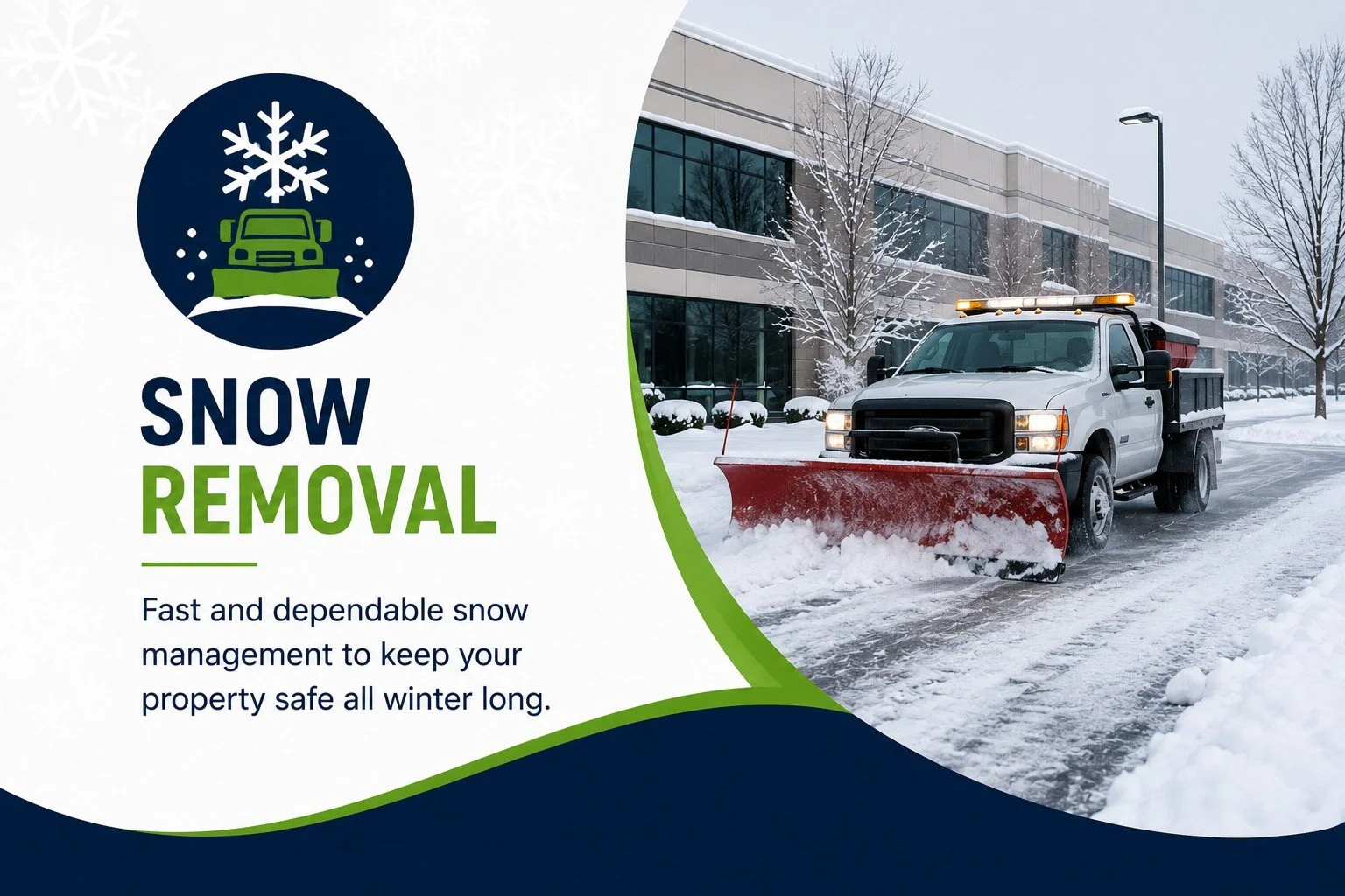 Snow removal truck clearing snow from a sidewalk during winter, with snow-covered trees and buildings in the background.