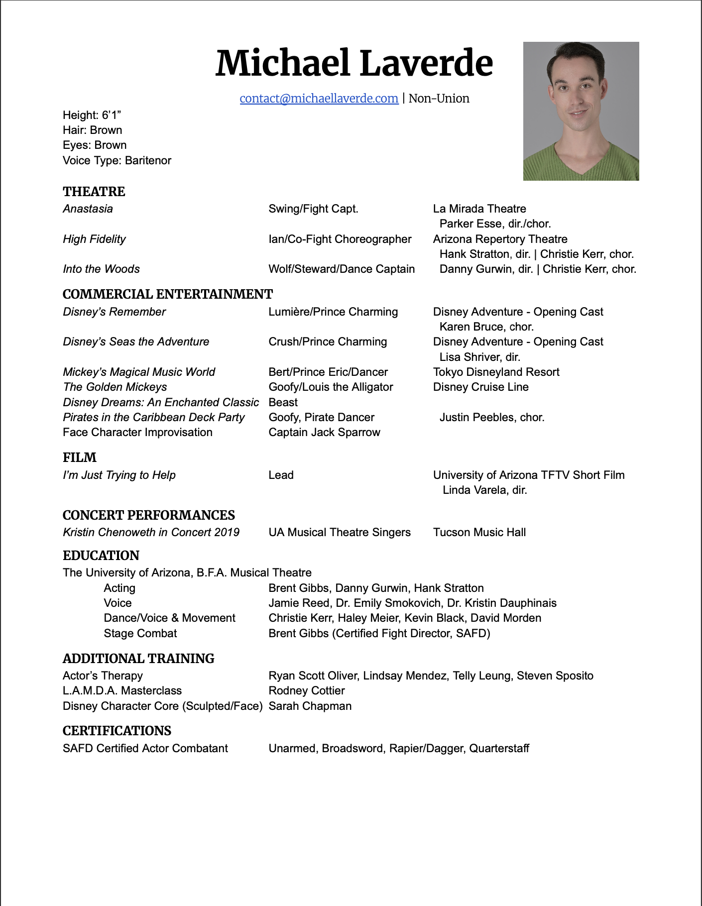 A resume belonging to Michael Laverde featuring personal information, headshot, and sections for theatre, commercial entertainment, film, concert performances, education, additional training, and certifications.