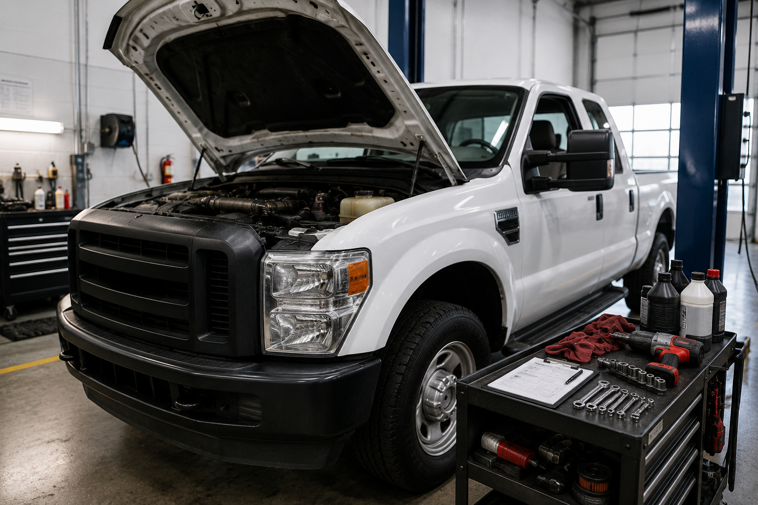 A white pickup truck inside an auto repair shop with the hood open, and a repair cart beside it with tools and bottles of fluids.