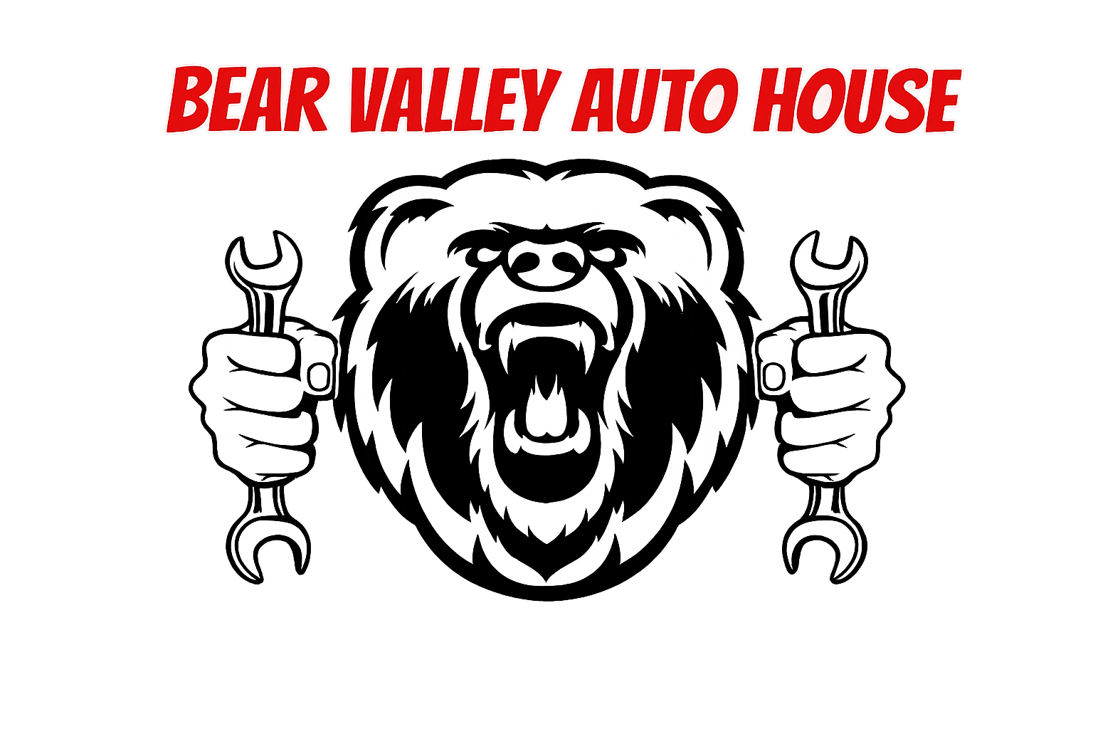 Logo for Bear Valley Auto House featuring a bear's face holding a wrench in each paw, with the business name in red text above.