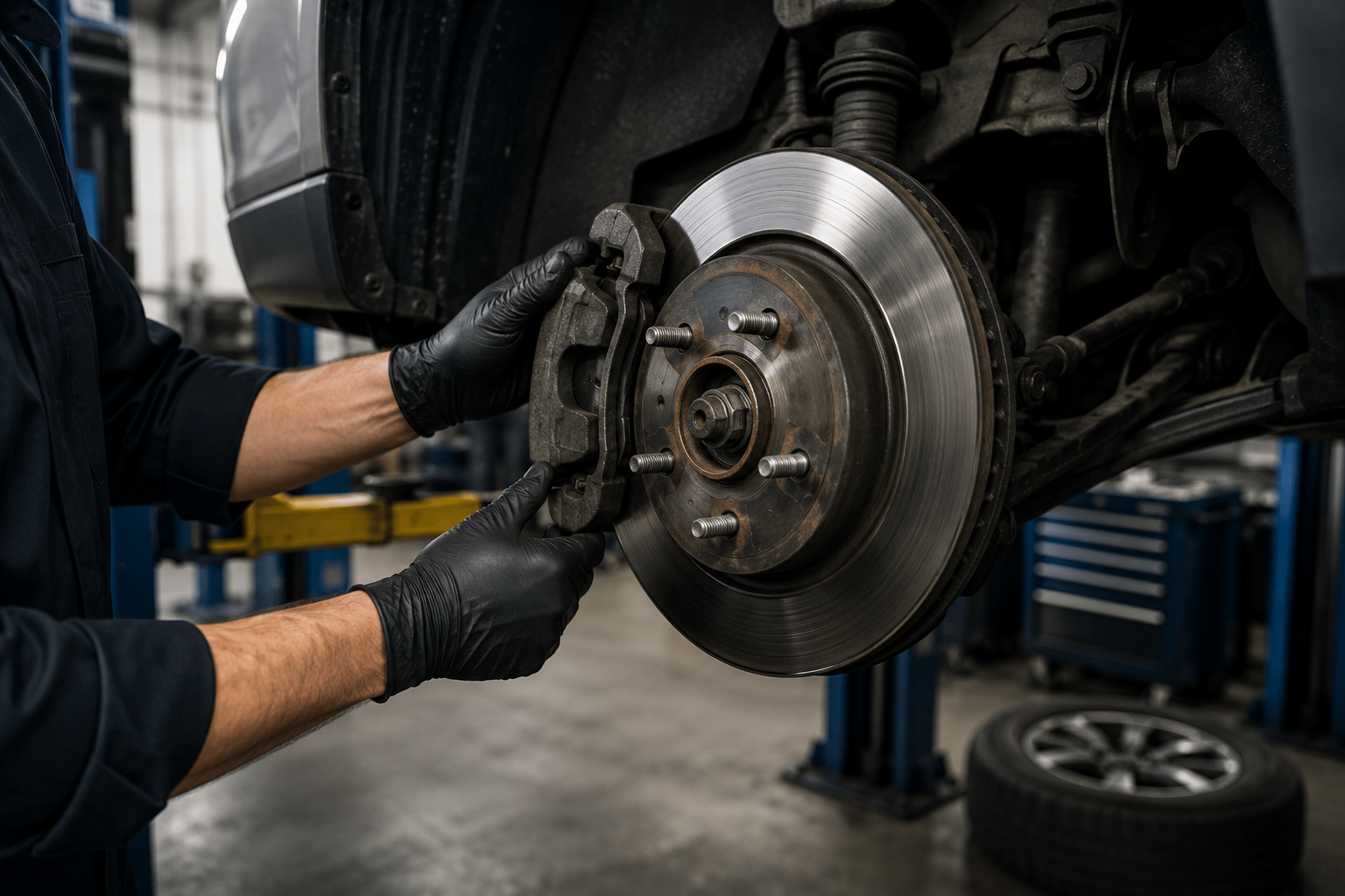 Mechanic wearing black gloves working on a car's brake system in an auto repair shop.