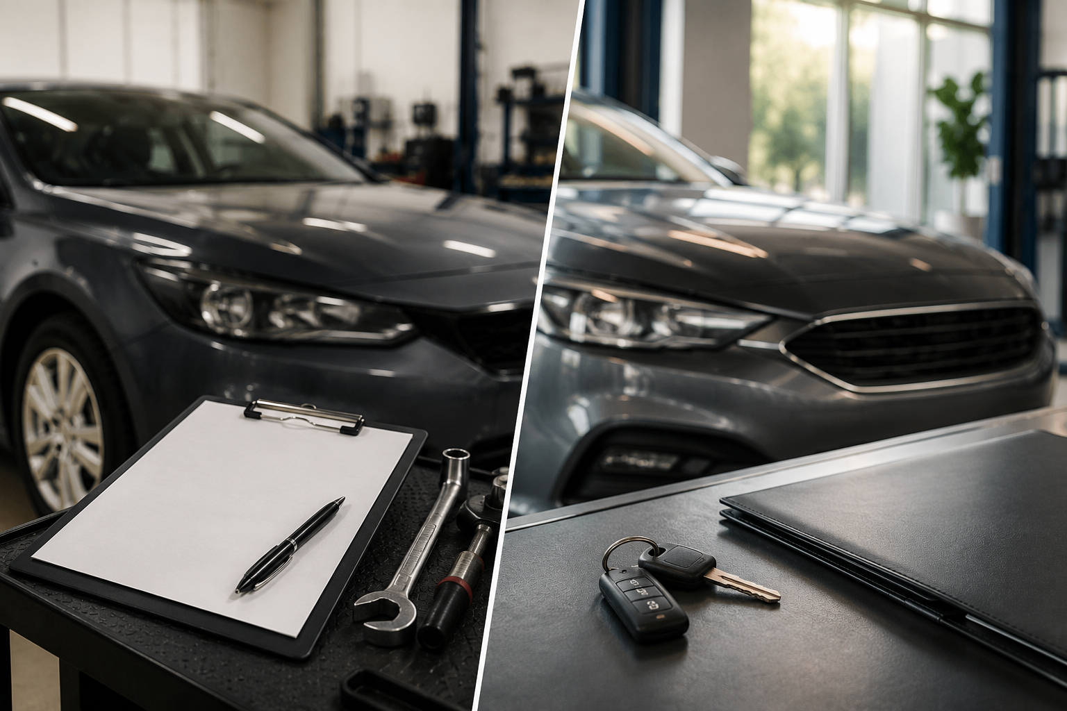 Interior view of an auto repair shop showing two cars, one on the left and one on the right, with tools and documents on tables in the foreground.