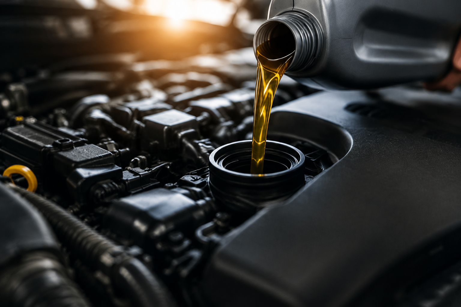 Motor oil pouring from a gray container into an engine.