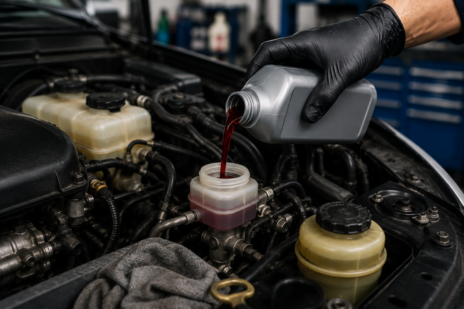 A mechanic wearing black gloves pouring red automotive fluid into a car engine's reservoir at a garage.