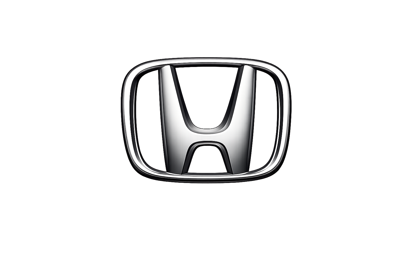 The Honda logo, a stylized silver letter 'H' in a chrome border, on a dark, reflective surface.
