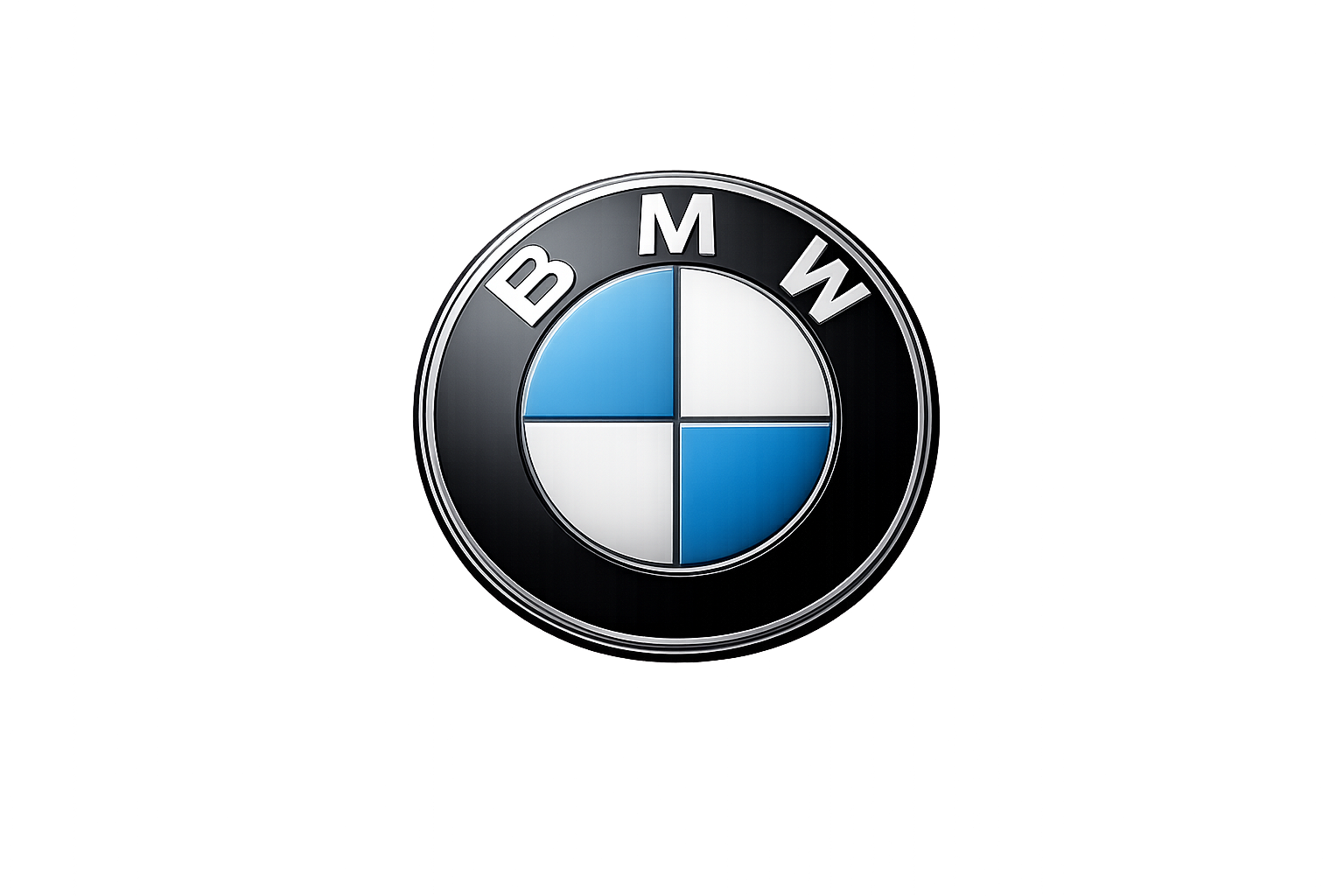Close-up of a BMW logo on a car, featuring a round emblem with black, white, and blue quadrants and the letters B M W at the top.