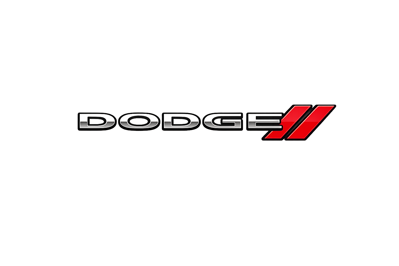 Dodge logo with red slanted lines on a dark, neon-lit background.