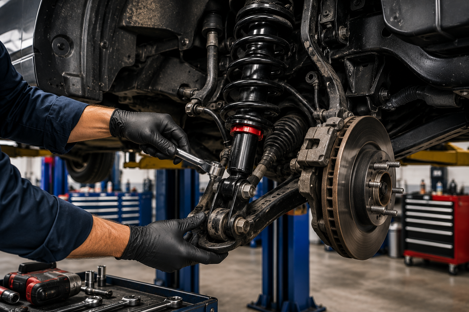 Mechanic working on car suspension system in an auto repair shop.