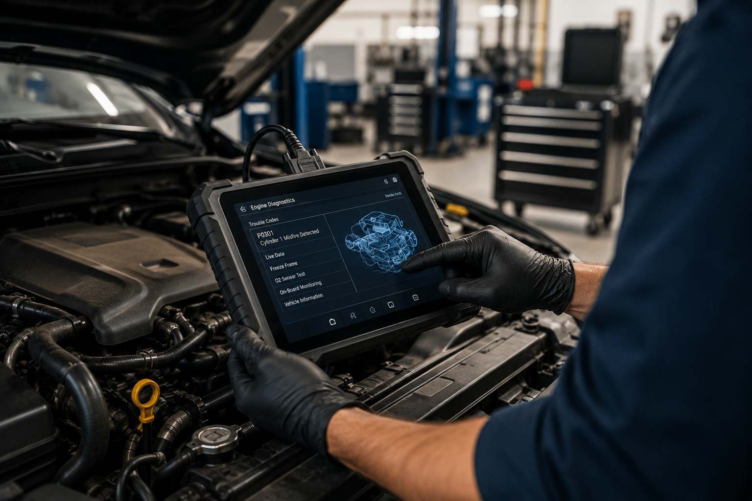 A mechanic wearing black gloves checking a tablet with engine diagnostics information while working on a car engine in a garage.