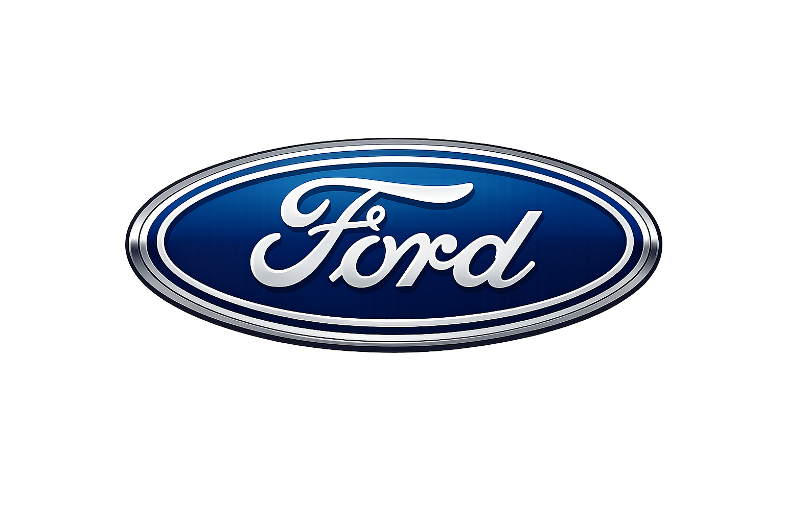 Close-up of the Ford logo, an oval blue badge with white cursive lettering, displayed on a vehicle.