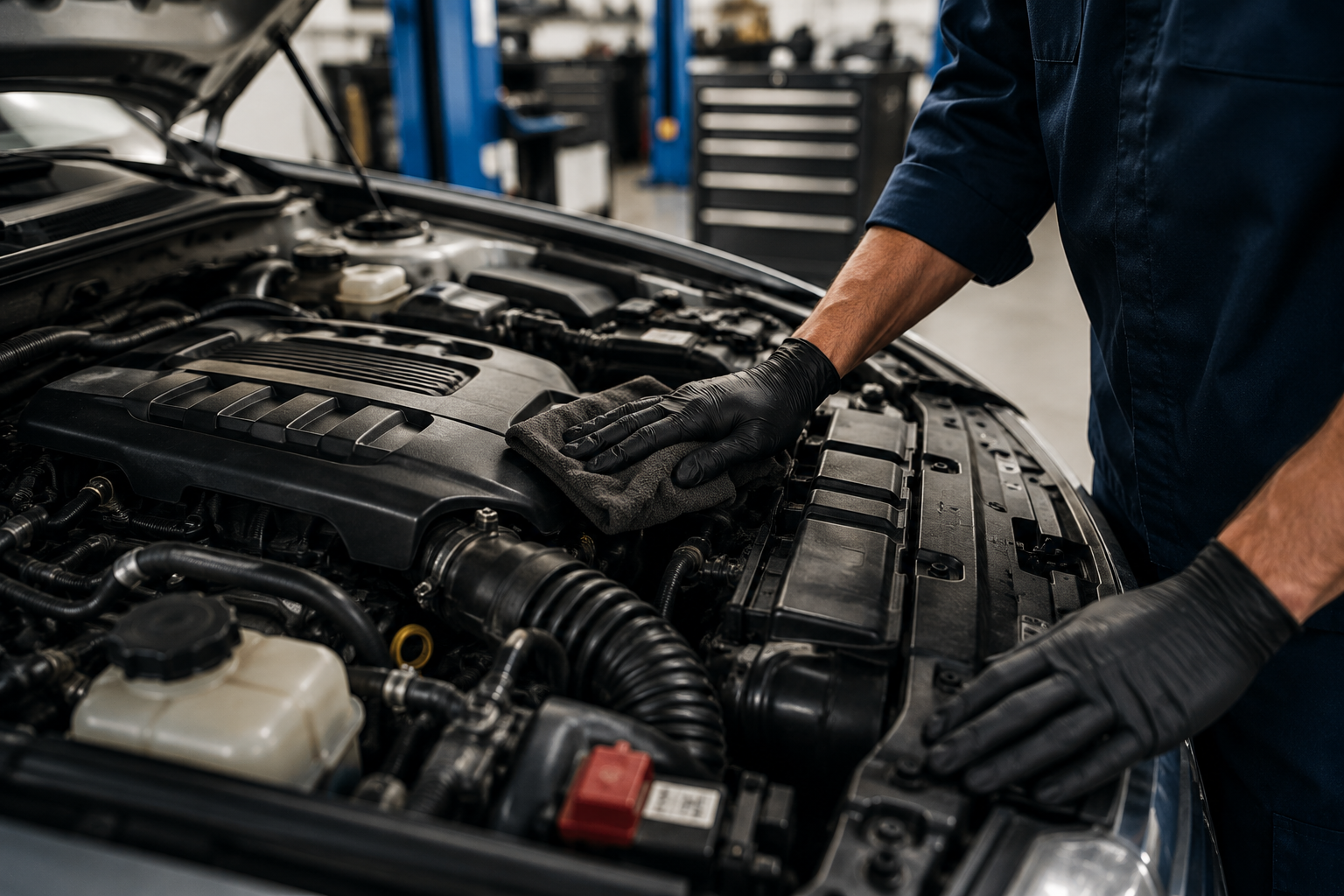 Mechanic wearing black gloves cleaning a car engine with a cloth in an auto repair shop.