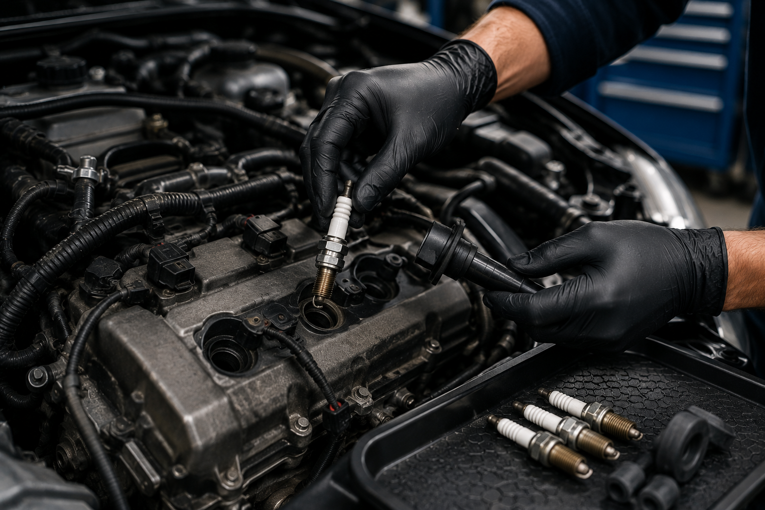 Mechanic installing a spark plug in a car engine, wearing black gloves.
