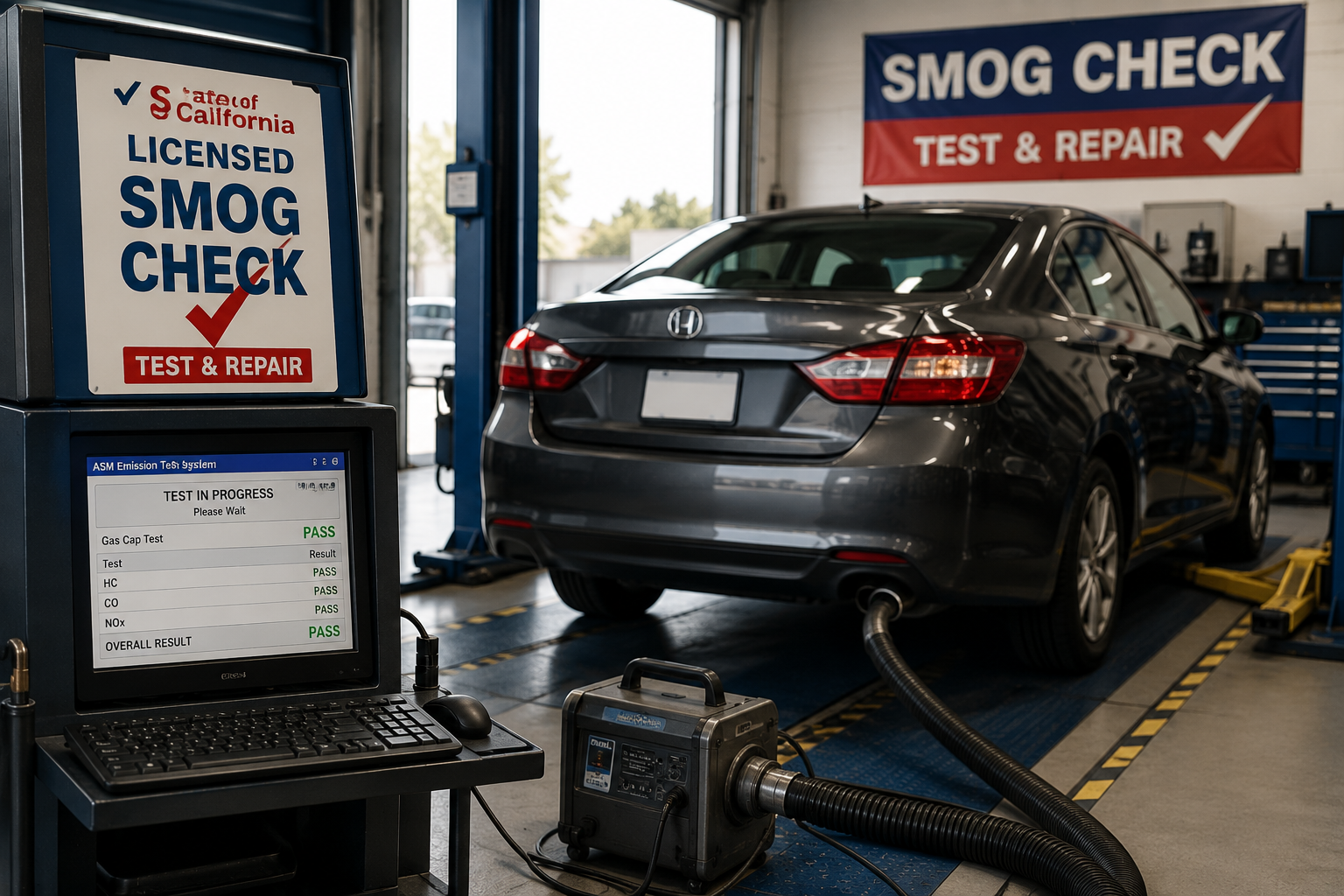 A gray Honda sedan undergoing a smog check in an auto repair shop. The shop has signs indicating licensing and smog test services, with a computer screen displaying the results of emissions tests showing all passing.