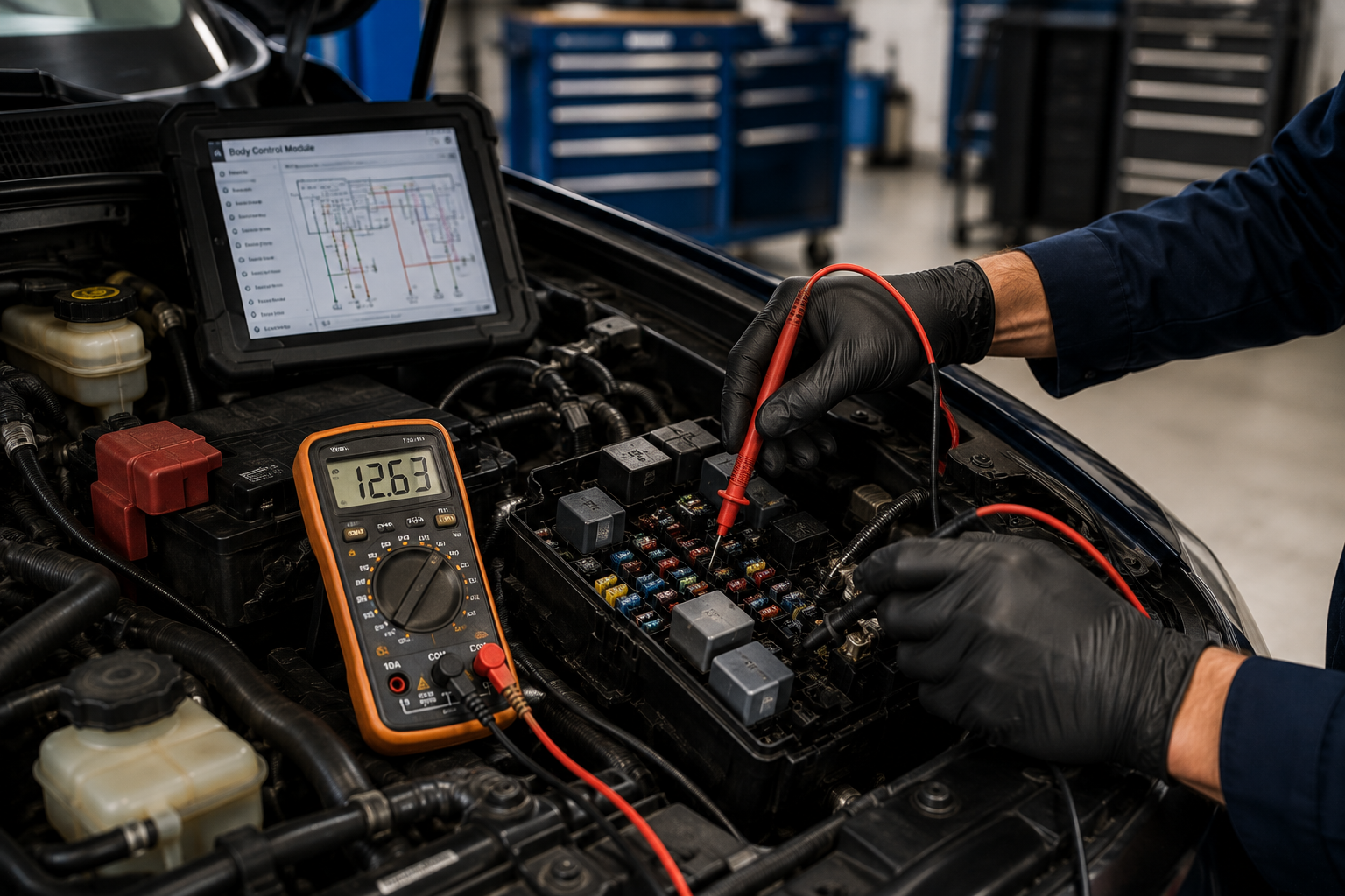 A mechanic wearing black gloves testing a car's electrical system with a multimeter, working on the fuse box under the hood of a car in a garage.