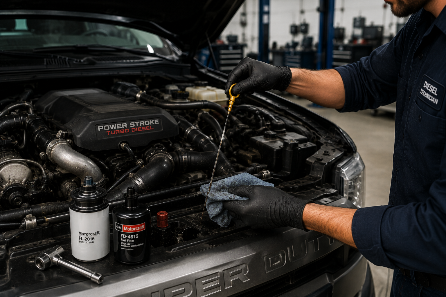 A mechanic filling a diesel engine with oil in a garage.
