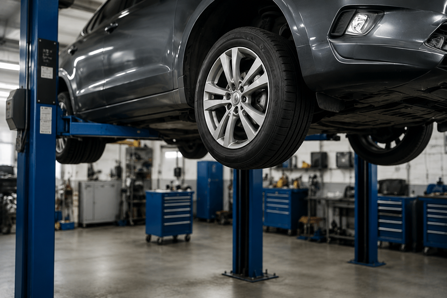 A car lifted on a hydraulic platform inside an auto repair garage with blue tool drawers in the background.