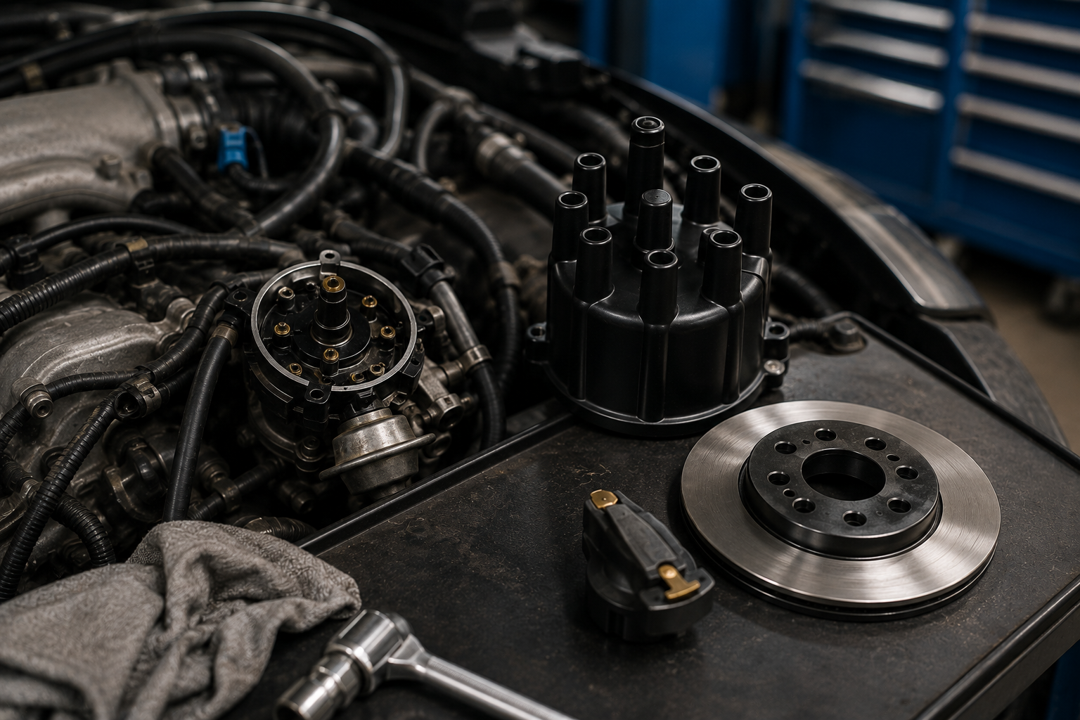 Automobile engine parts including a black distributor cap, brake rotor, and various mechanical components on a workbench in an automotive workshop.