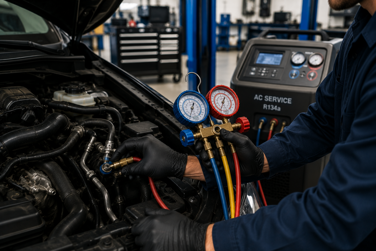 A mechanic wearing black gloves is using a manifold gauge set to measure refrigerant pressure in an automotive air conditioning system. The engine bay is open, showing various hoses and parts. In the background, there is a black AC service machine marked 'AC SERVICE R134a'.