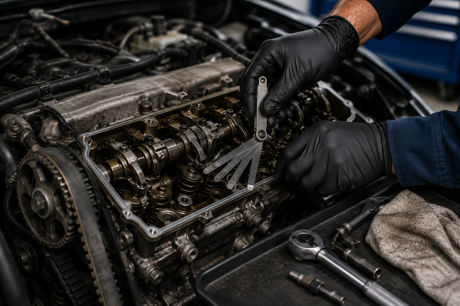 Mechanic wearing black gloves working on engine, using a feeler gauge to check clearances, with tools and cloth nearby.