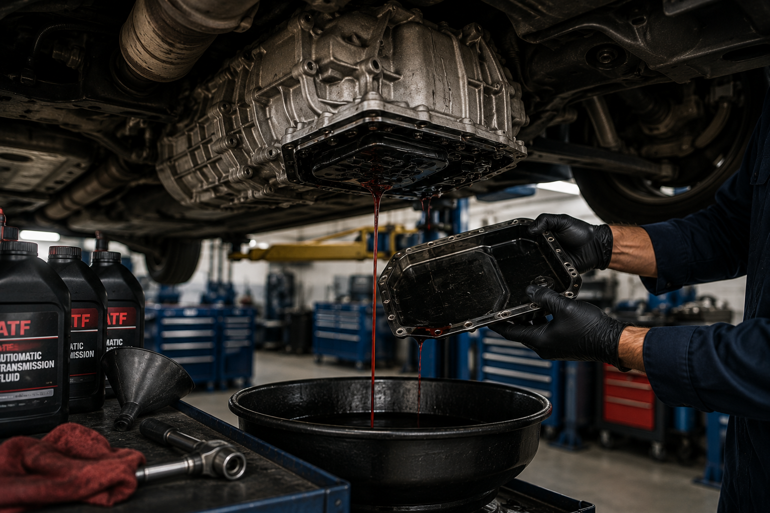 A mechanic draining red transmission fluid from a car's transmission into a black pan, with bottles of transmission fluid and tools nearby in an auto repair shop.