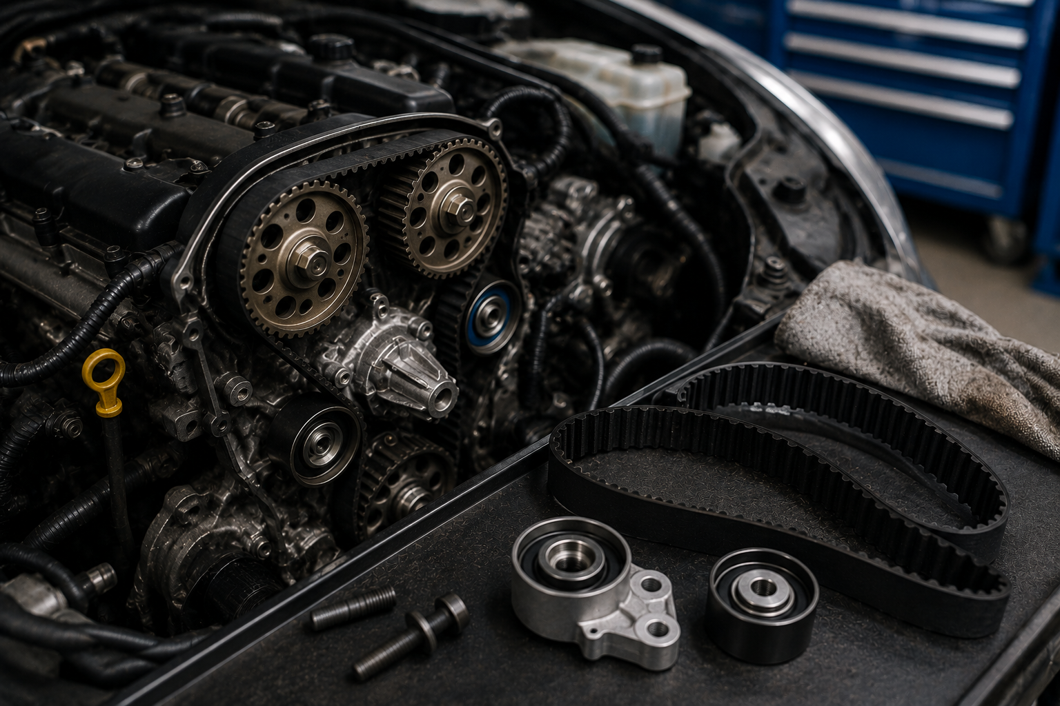 Disassembled car engine with timing belts, pulleys, and tools on workbench in automotive repair shop.