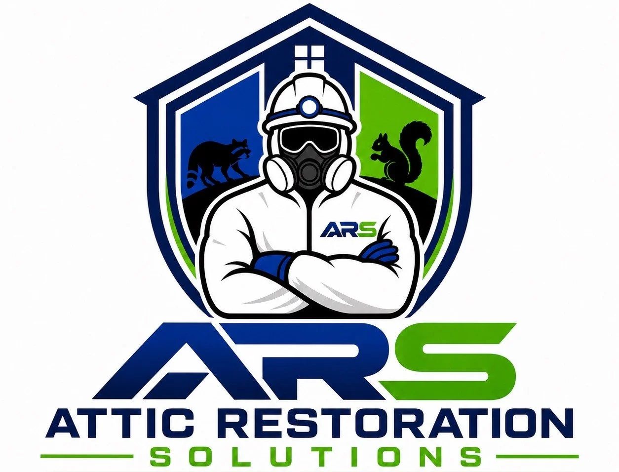 Logo of ARS Attic Restoration Solutions featuring a firefighter with goggles, helmet, and mask, crossed arms, with a raccoon and squirrel in the background inside a house-shaped shield.
