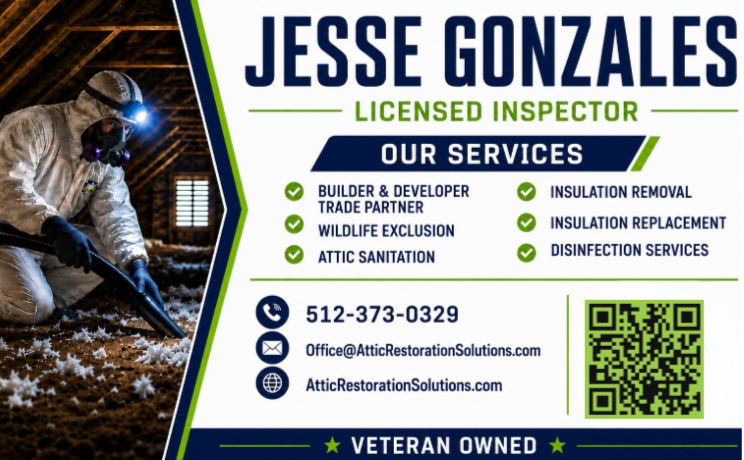 Business card for Jesse Gonzales, licensed inspector, listing services such as builder and developer, trade partner, wildlife exclusion, attic sanitation, insulation removal, insulation replacement, and disinfection services. Includes contact info and a QR code, with a background image of a person inspecting insulation.