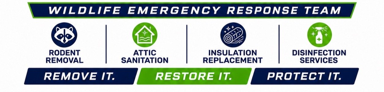 Infographic for Wildlife Emergency Response Team with icons and text for rodent removal, attic sanitation, insulation replacement, and disinfection services. Taglines: Remove it, Restore it, Protect it.