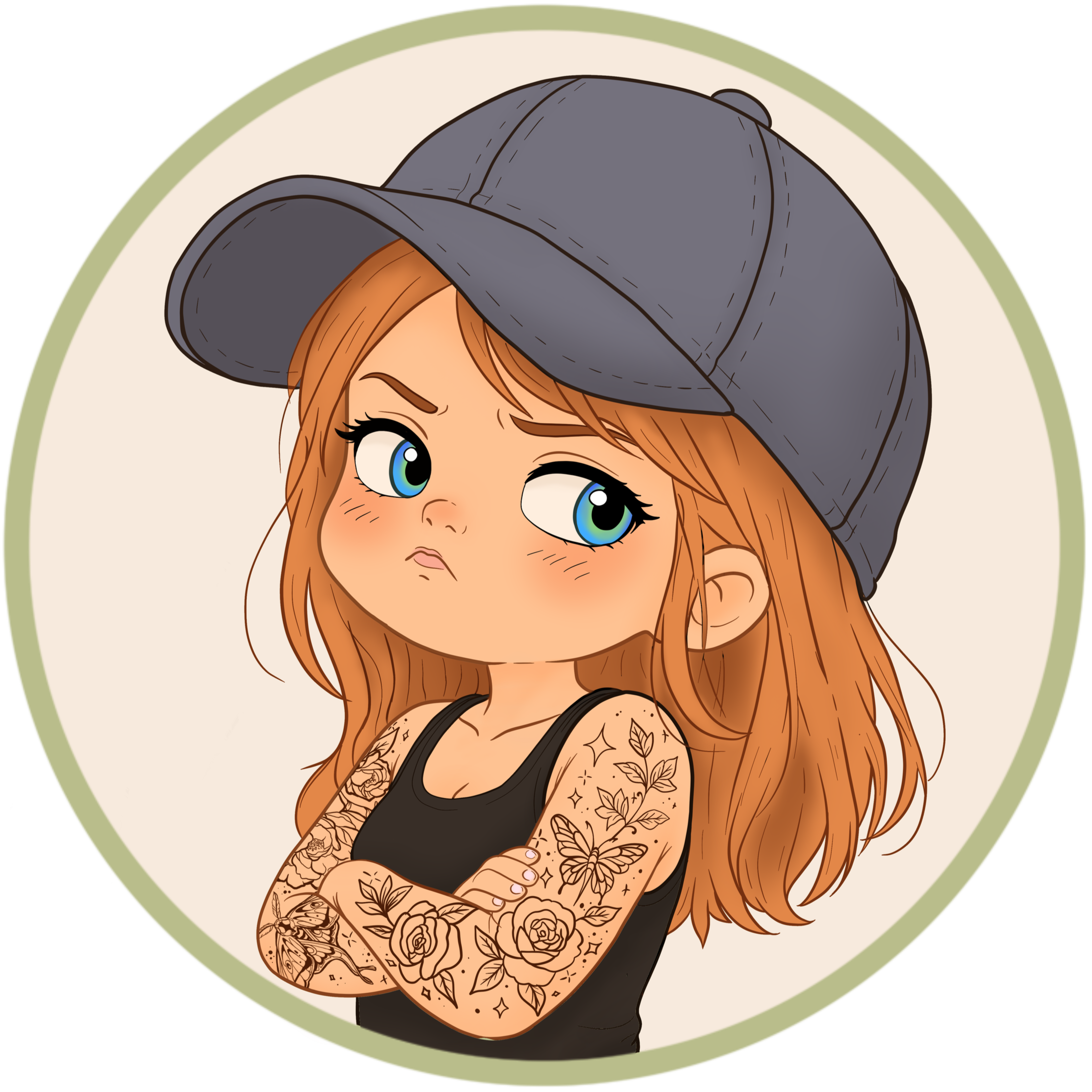 Illustration of a woman with red hair wearing a gray cap, arm tattooed with floral designs, and wearing a black sleeveless top, against a circular beige background with an outer green border.