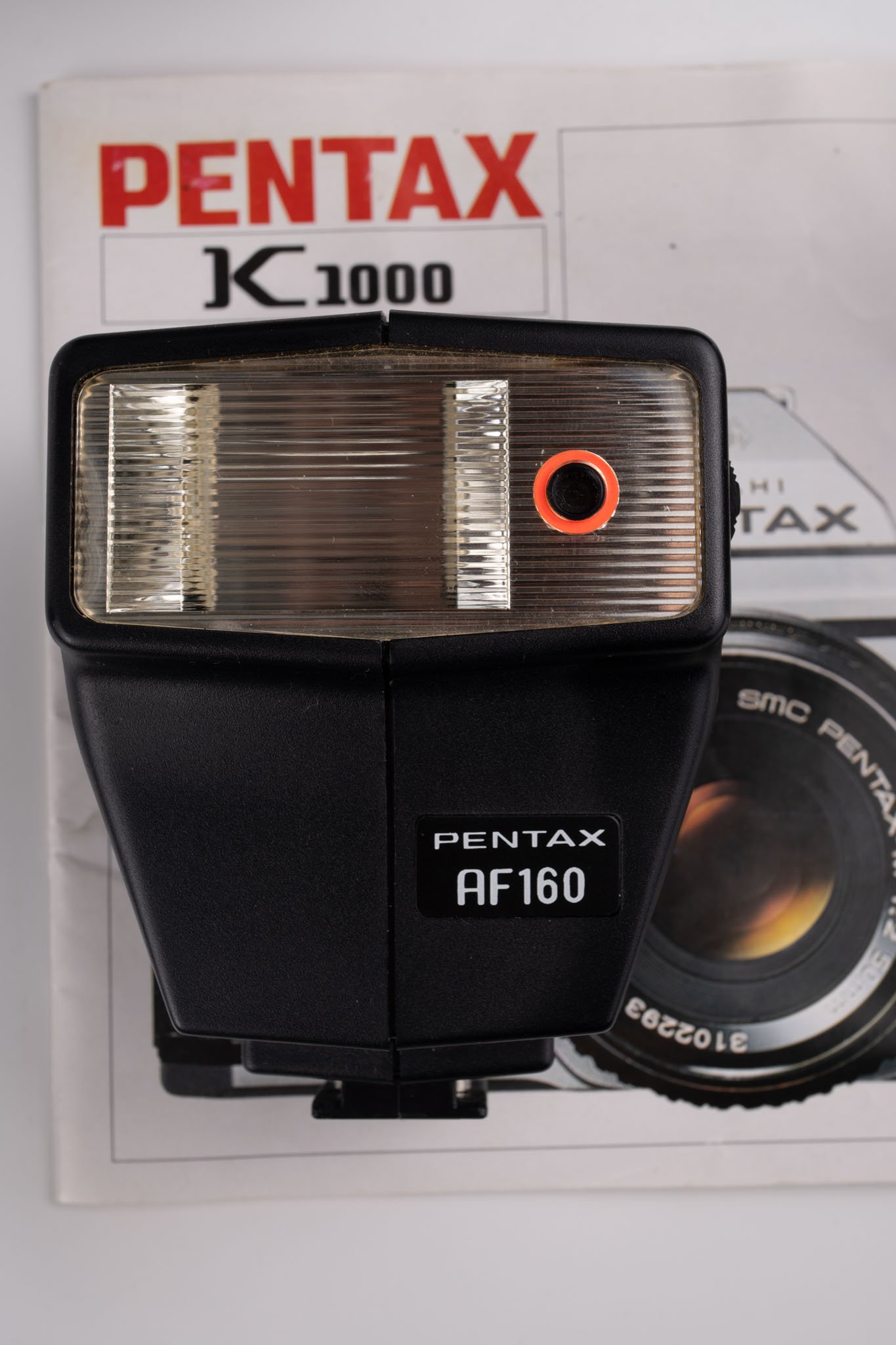 Pentax K1000 35mm film camera, flash view