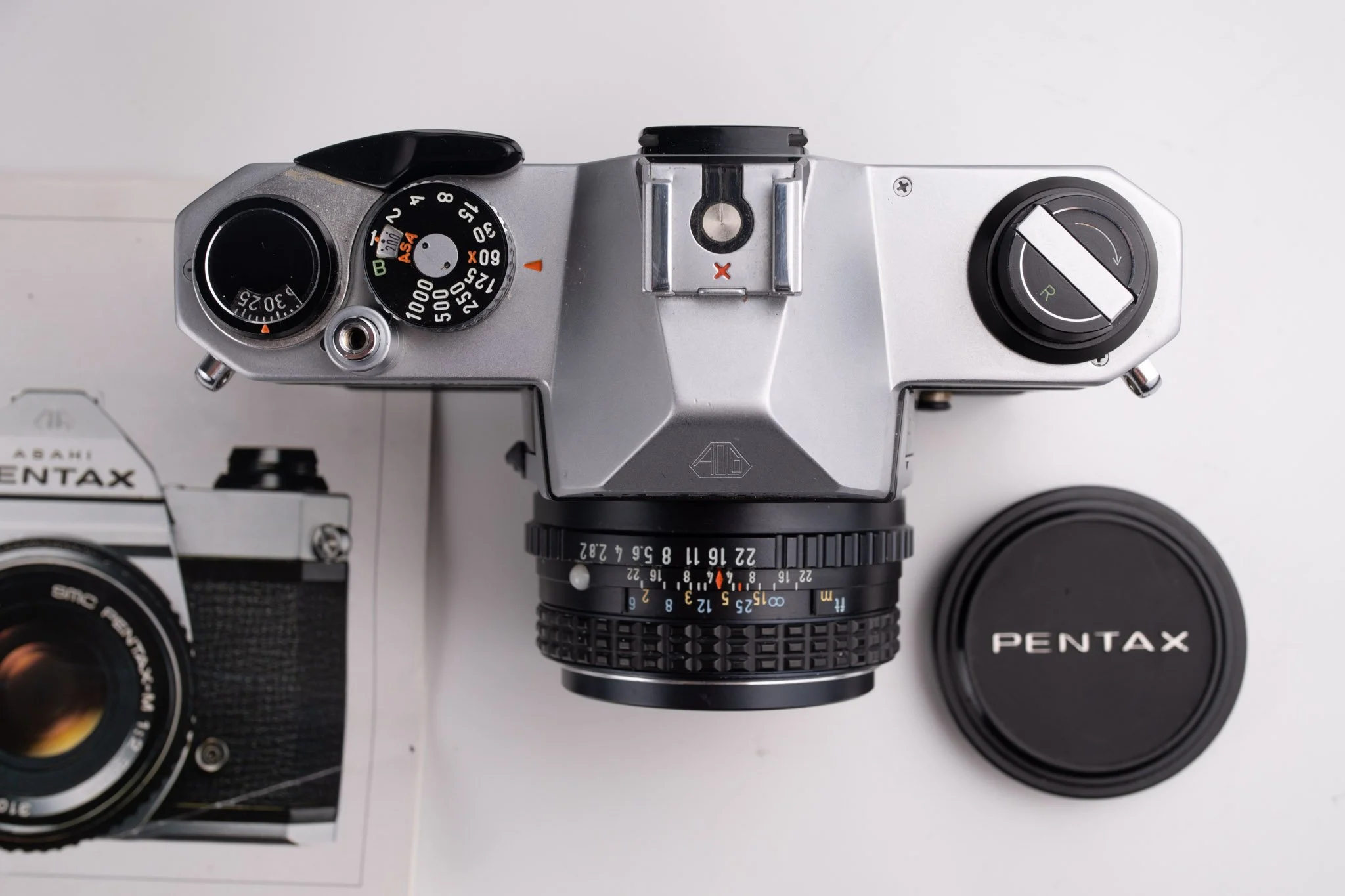 Pentax K1000 35mm film camera, top view