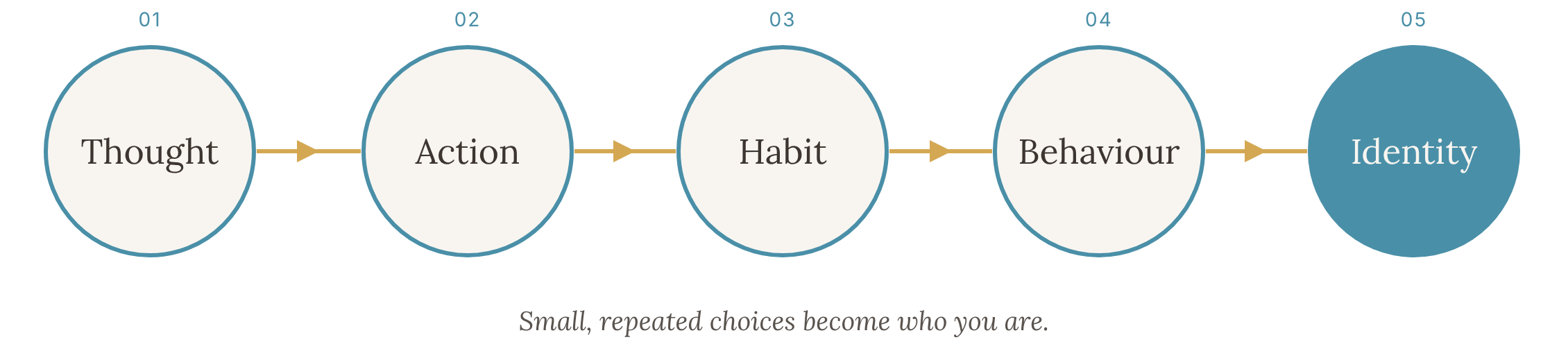 The HabitWell model: Thought, Action, Habit, Behaviour, Identity. Small, repeated choices become who you are.