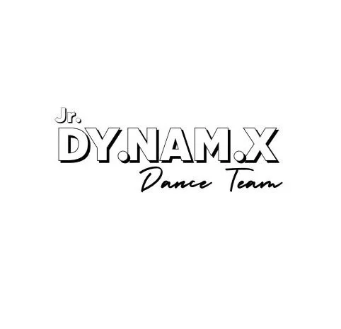Logo for Jr. DYNAM X Dance Team with the text "Jr. DYNAM X Dance Team" in black and white.