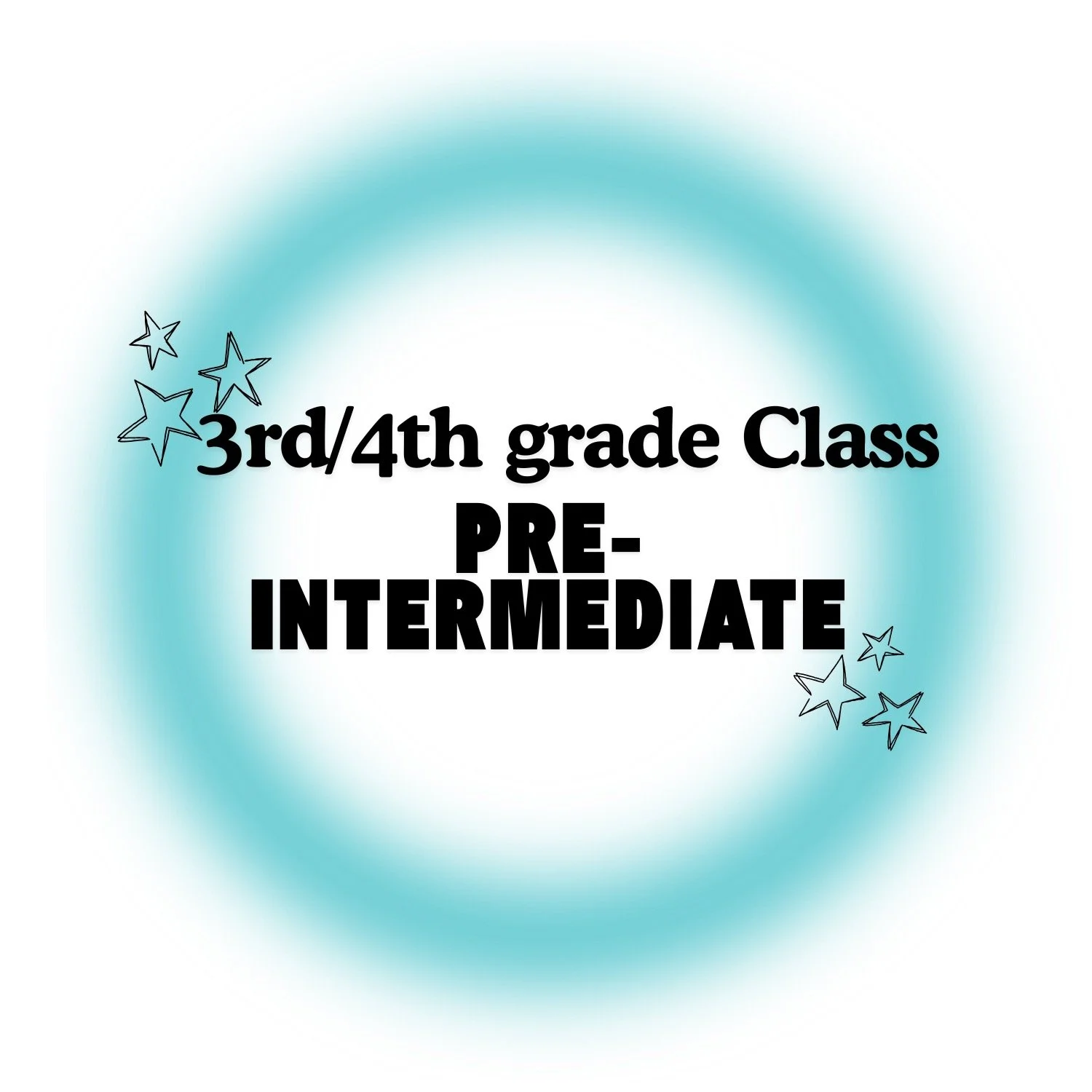 An educational sign with a blue and white background featuring stars and bold black text that says '3rd/4th grade Class PRE-INTERMEDIATE'.