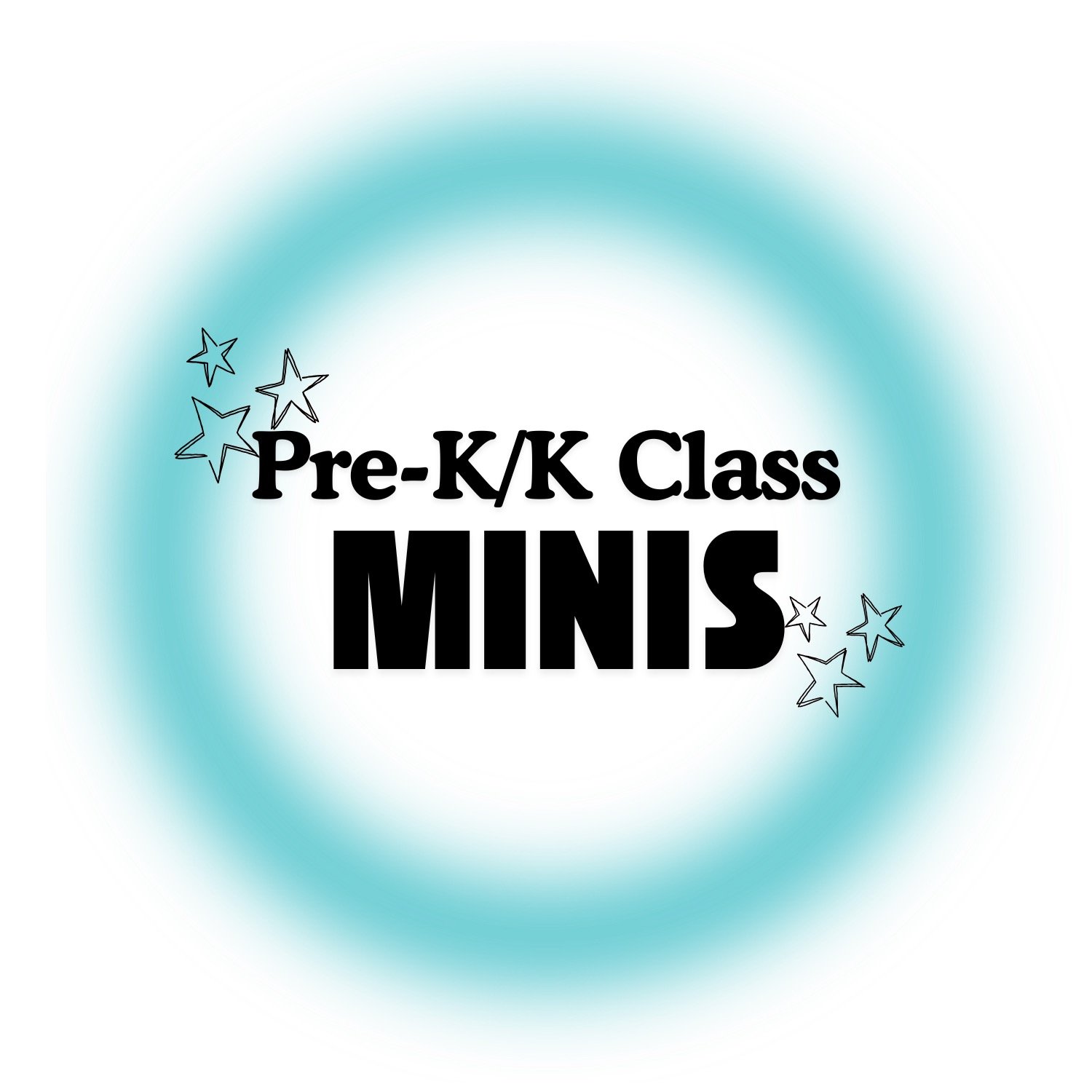Text reading "Pre-KK Class MINS" with star illustrations and a blue gradient background.