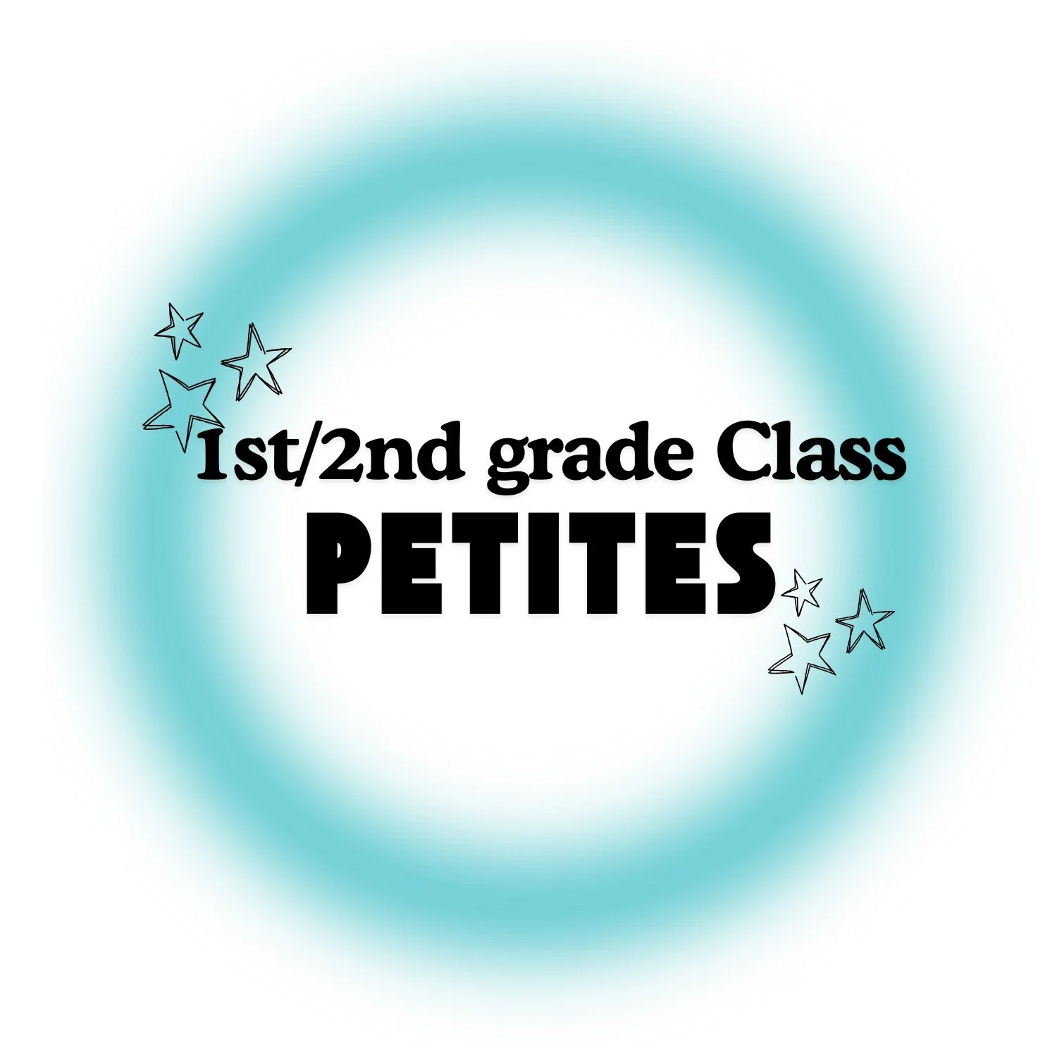 Bright welcome sign with black text on a gradient blue and white background, reading '1st/2nd grade Class PETITES' with star illustrations.